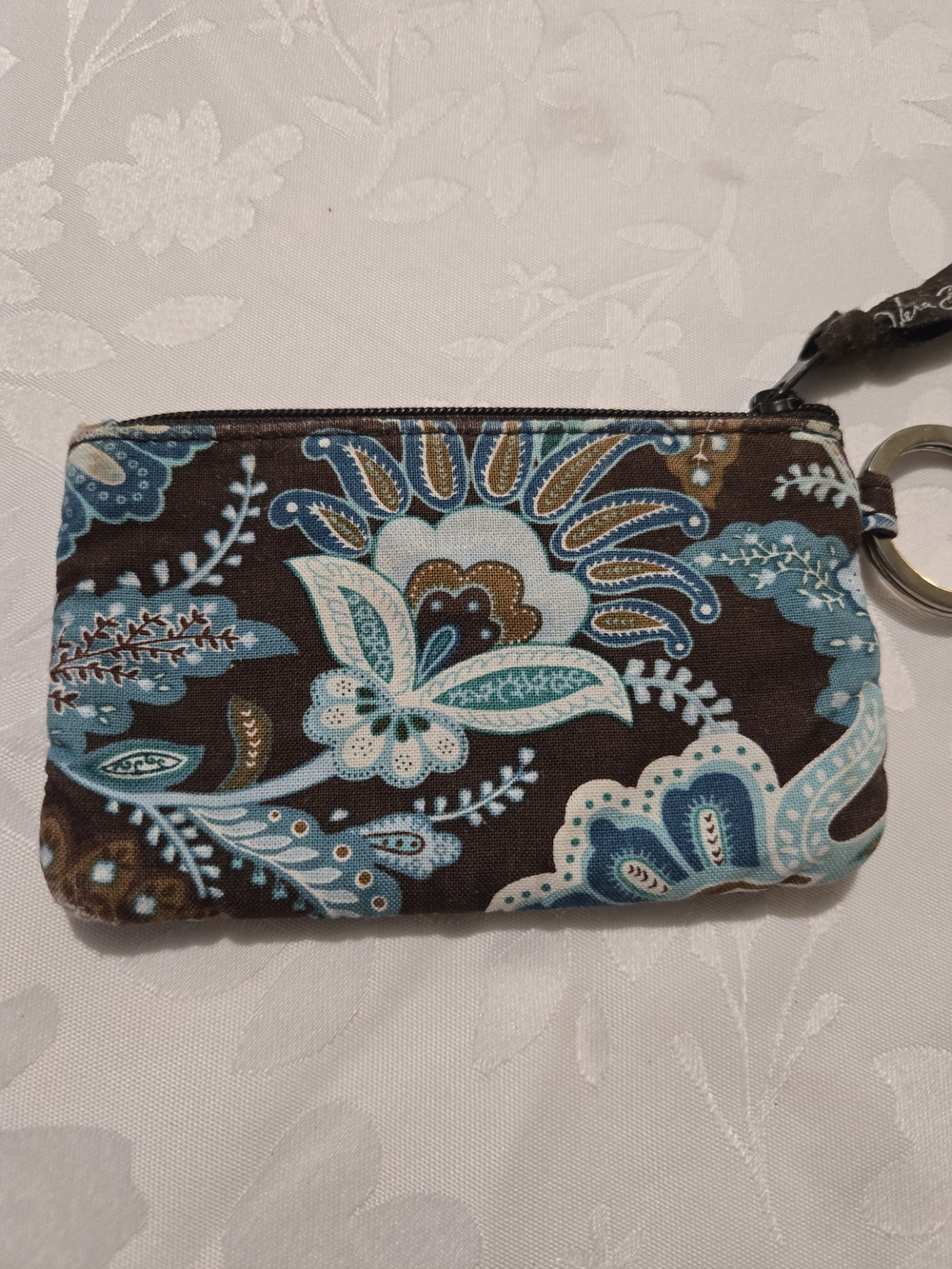 Vera Bradley Brown and Aqua Paisley Keyring ID Pouch with Logo Ring - Picture 3 of 4